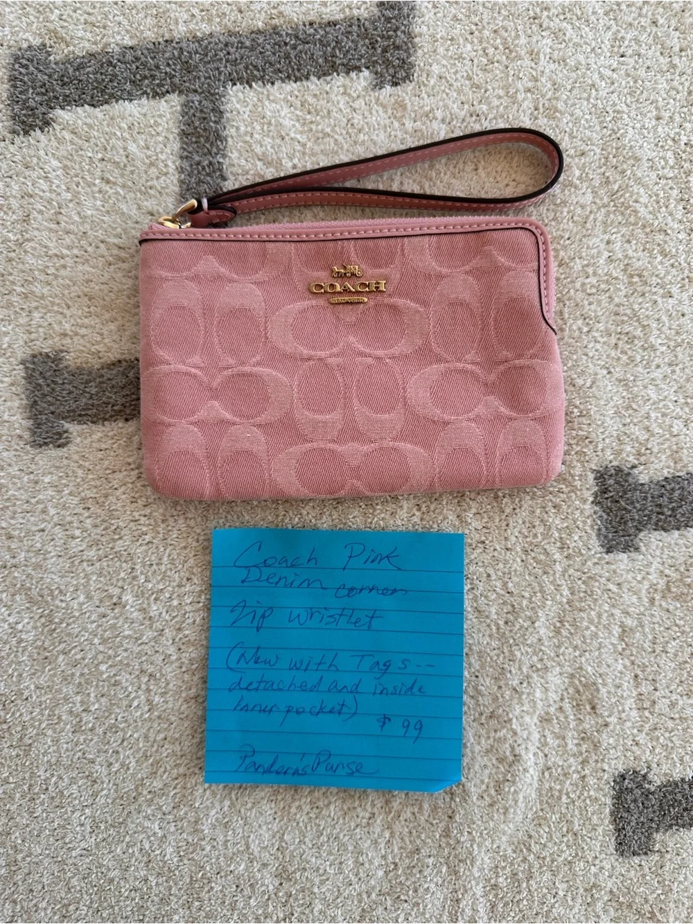 Coach Pink Signature Wristlet pink denim